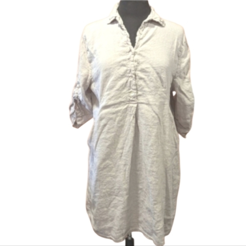 Elena Baldi Small Tan Linen Dress Roll Tab Sleeve Vacation Coastal